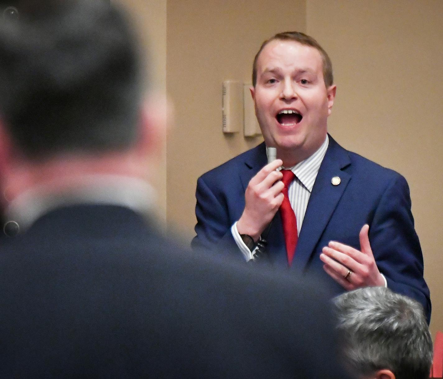 Rep.Nick Zerwas, R-Elk River defended his bill that provides increased penalties for illegal protests that block traffic on freeways, to airports or access to transit. He was debating with Rep. John Lesch, DFL-St. Paul. Zerwas told stories of a constituent who couldn't get to the airport in time to visit a dying mother and another who couldn't get to a scheduled Mayo Clinic appointment. The House debated the Public Safety & Security Omnibus Budget bill Monday. ] GLEN STUBBE &#x2022; glen.stubbe@