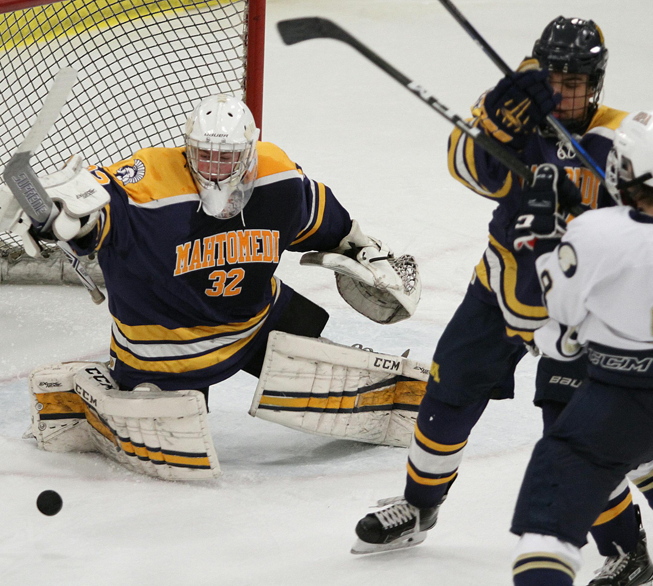 Mahtomedi goaltender Bailey Huber stopped 30 of 31 shots in helping his team defeat St. Paul Academy 3-1 Friday night in Roseville.
