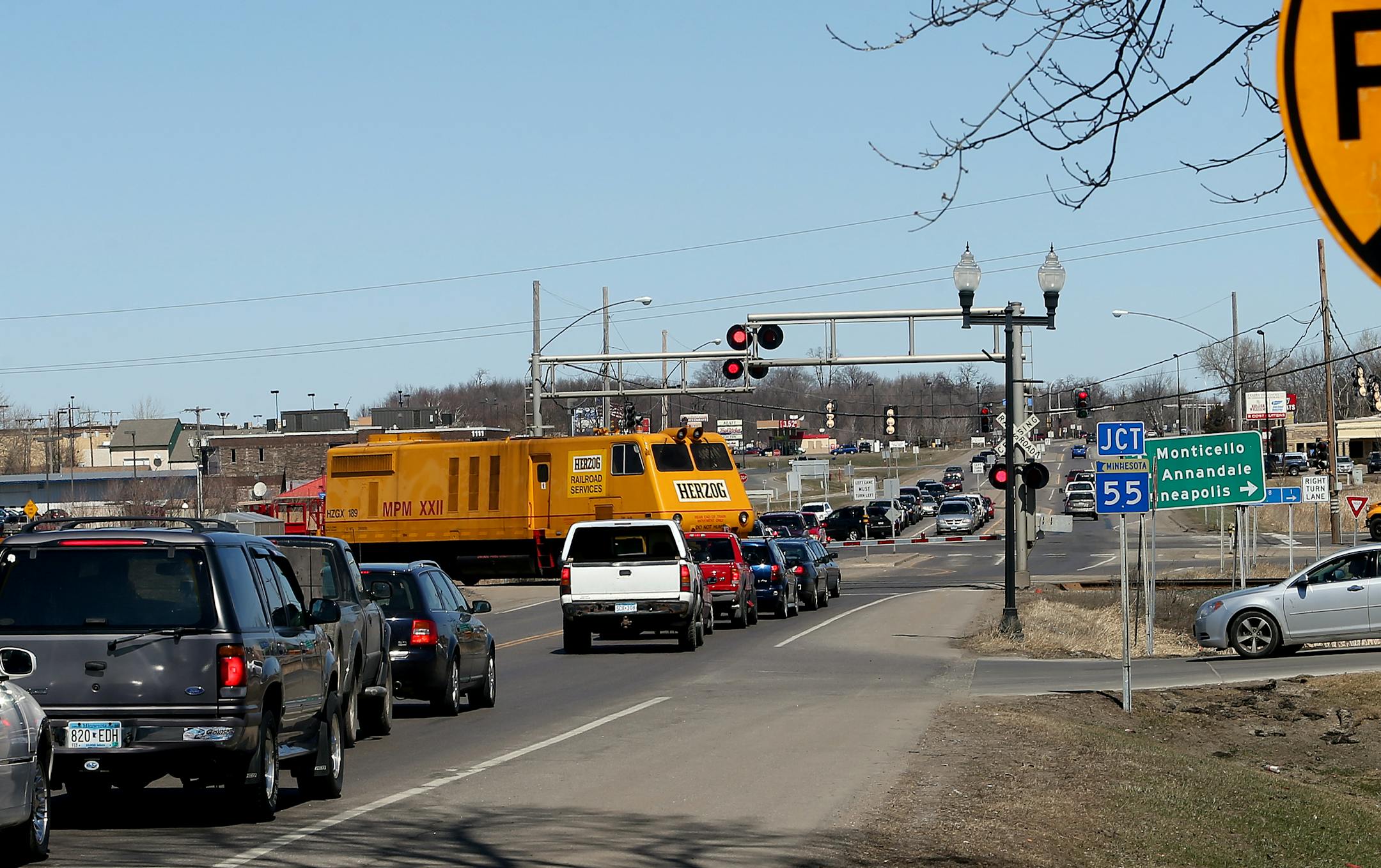 A Canadian Pacific train rolled through the intersection of Highway 55 and Central Avenue in Buffalo, Minn.