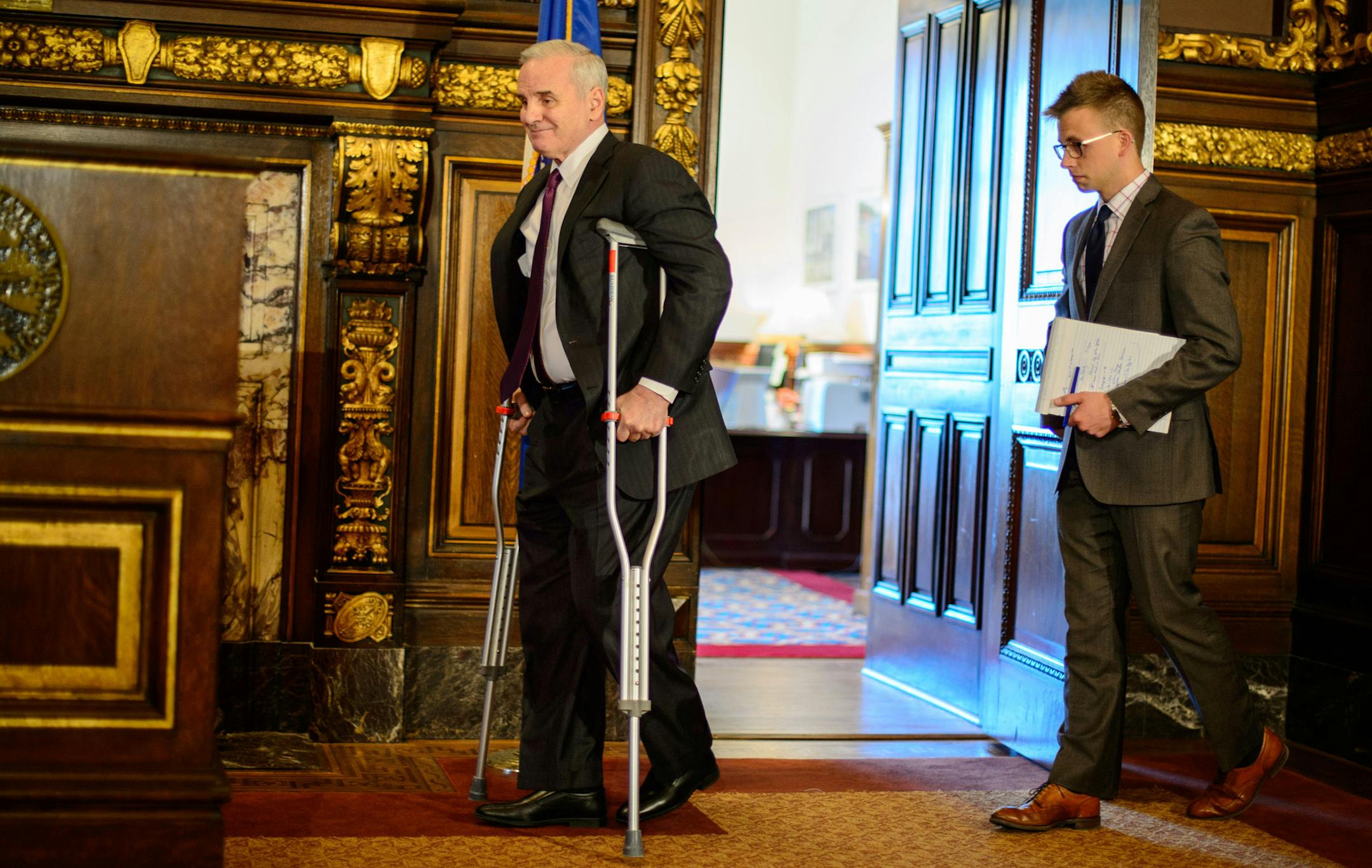 Governor Mark Dayton held a news conference speaking about a wide range of topics including the medical marijuana bill, bonding bill and praising the legislature for reaching a deal on raising the minimum wage. ] GLEN STUBBE * gstubbe@startribune.com April 8, 2014.