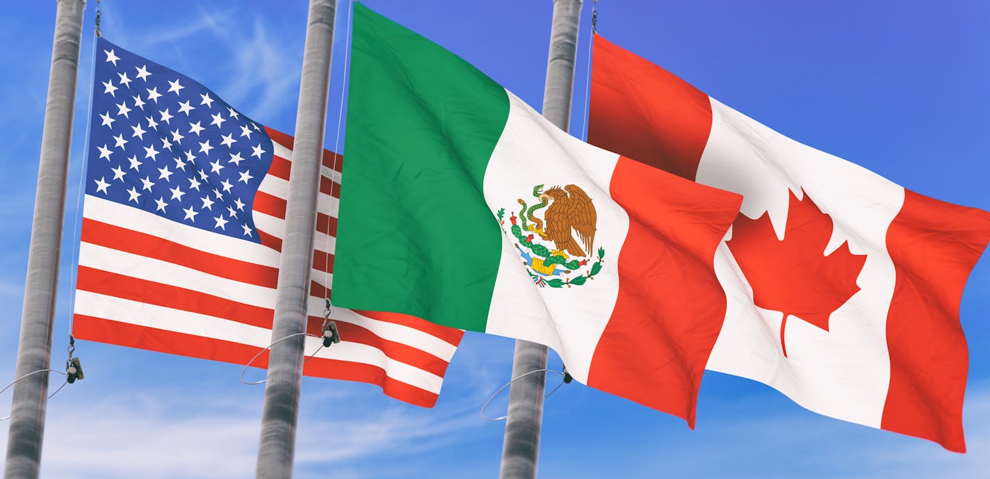 Canada, Mexico and US Flags over blue sky, conceptual image for Nafta agreement (3D rendered image)